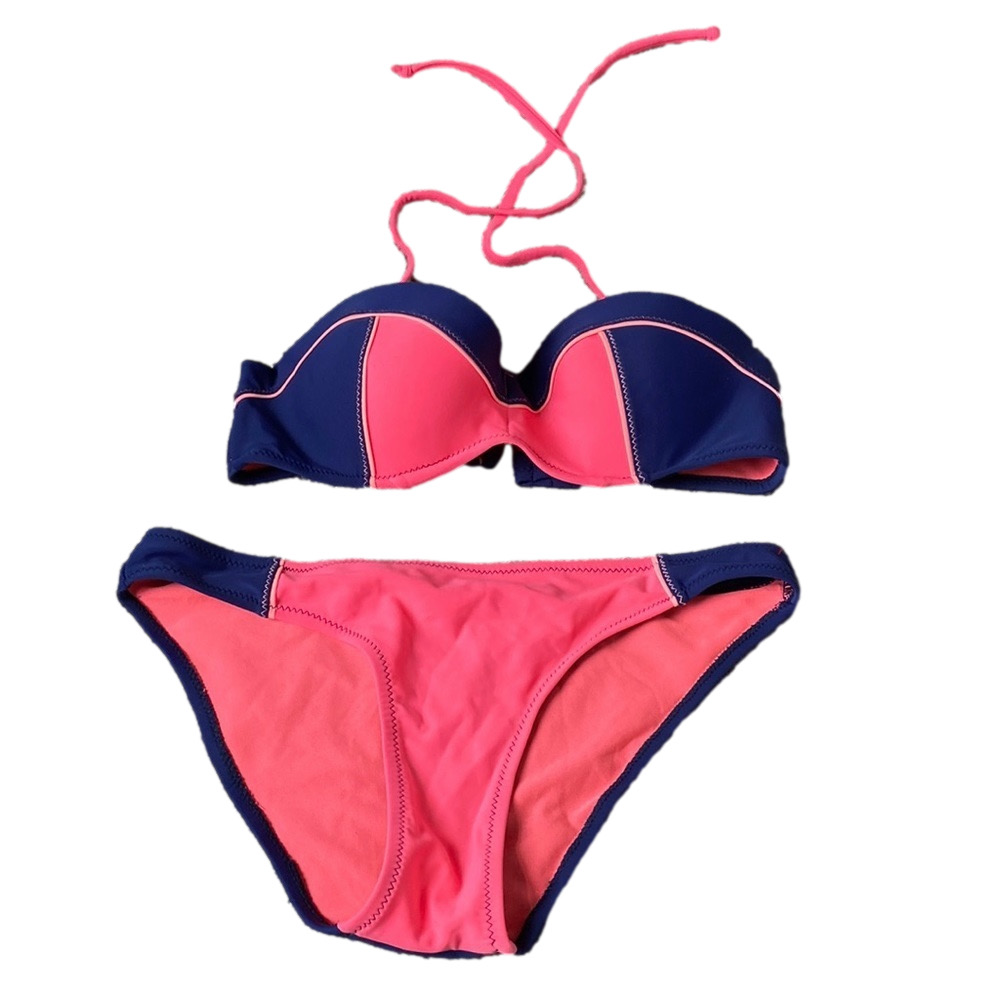 Tinibikini Pink Navy Bikini Set Bandeau Top Colorblock Halter Strap Swim SIZE S